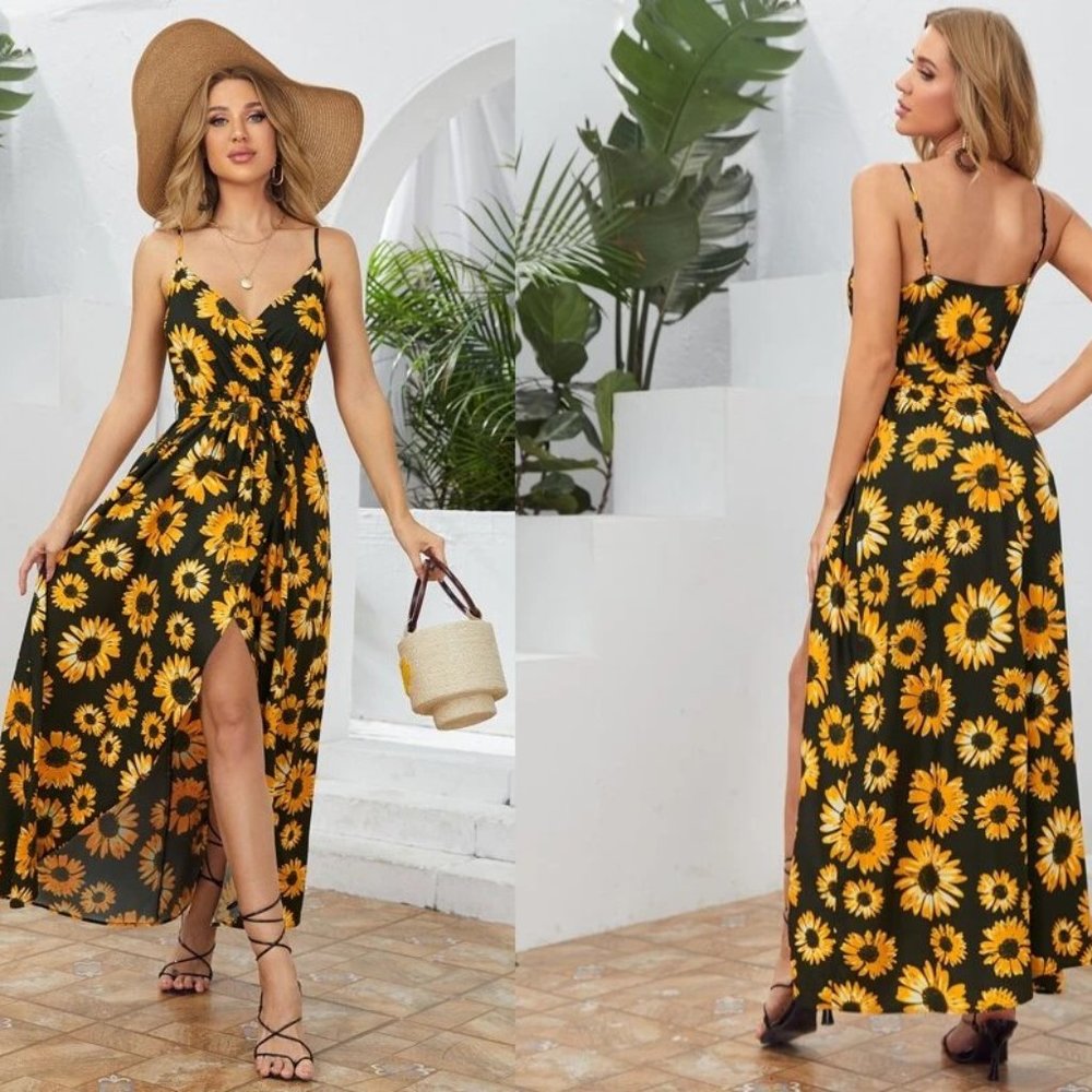 NEW! Size 6 Wrap Tie Front Sunflower Print Split Thigh Cami Dress